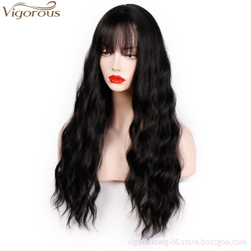 Vigorous Long Wavy Wigs with Bangs Middle Part Body Wave Synthetic Wig Heat Resistant Fiber Wigs for African American Women
